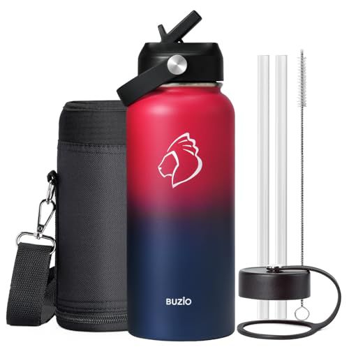 BUZIO 32oz Insulated Water Bottle, Triple Wall Vacuum Stainless Steel Water Flask with Straw Lid, BPA-Free Leakproof Sports Canteen for Sports Hiking, Cold 48H & Hot 24H- Ruby Red Navy 32 Ou