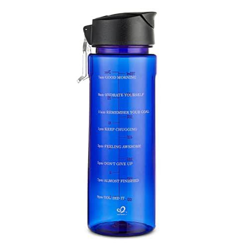 WATERFLY Motivational 24oz Water Bottle: BPA-free Leakproof Lightweight Wide Mouth Tritan Chug Waterbottle With Measurement Marker Drinking Time Reminder for Daily Hiking Gym Blue 23.7 Ounce