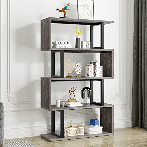 YITAHOME 5-Tier Bookshelf, S-Shaped Z-Shelf Bookshelves and Bookcase, Industrial Freestanding Multifunctional Decorative Storage Shelving for Living Room Home Office, Gray + Black Grey 31.5"