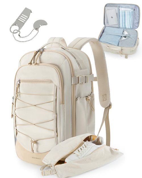 BAGSMART Carry On Travel Backpack, 17 Inch Large Travel backpack Carry On Flight Approved, Anti-theft Personal Item Backpack Travel Bag With Shoe Bag, 30L Water Resistant Casual Daypack, Bei