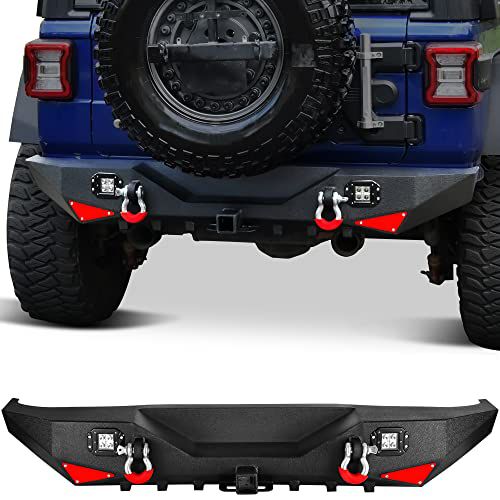 YITAMOTOR Rear Bumper Compatible with 2018-2025 Jeep Wrangler JL (Not Fit Models w/Rear Parking Sensor), Upgraded Textured Black Coating w/ 2" Hitch Receiver, D-Rings & Square LED Lights Bla