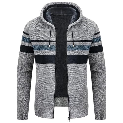 V VALANCH Mens Fleece Jacket Full Zip Hoodies Sherpa Lined Hooded Jacket Thick Knitted Cardigan Sweaters Outerwear XX-Large Light Grey