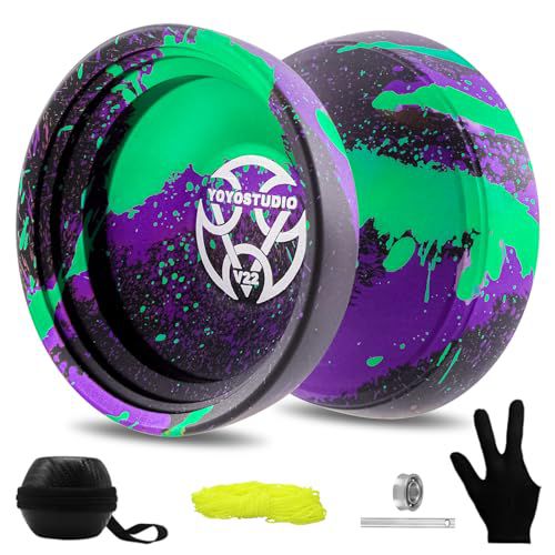 YOYOSTUDIO V22 Trick Yoyo Professional Responsive Yoyo for Kids 8-12, Metal Yo yo for Adults Kids with Unresponsive Yoyos Accessory Kit, 10 Yo-Yo Strings, Case & Glove - Black Green Purple V