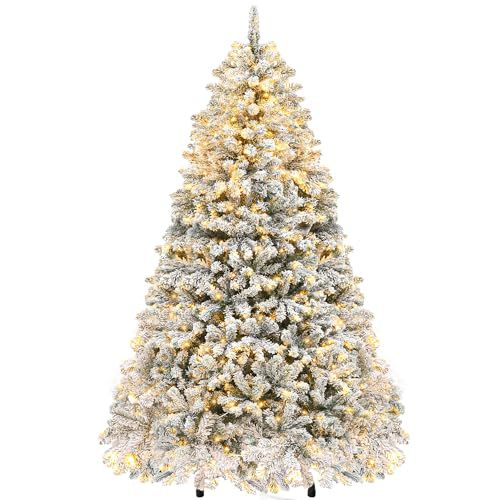 YITAHOME Prelit Snow Flocked Artificial Full Christmas Tree 6ft, Christmas Pine Tree with 8 Light-Modes, 800 Branch Tips, and Foldable Base for Home, Party Decoration White 6ft