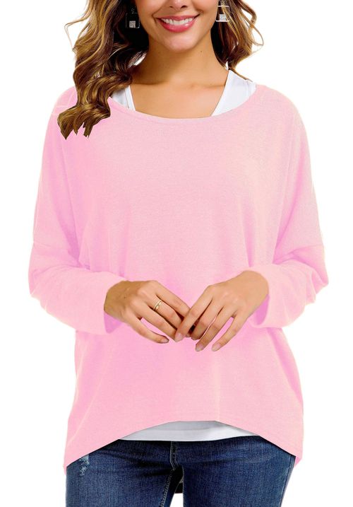 UGET Women's Oversized Baggy Tops Loose Fitting Pullover Casual Blouse T-Shirt Sweater Batwing Sleeve Large Pink