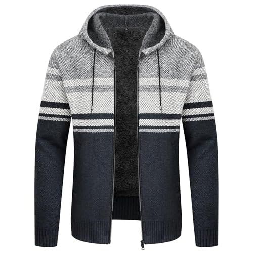 V VALANCH Mens Fleece Jacket Full Zip Hoodies Sherpa Lined Hooded Jacket Thick Knitted Cardigan Sweaters Outerwear 3X-Large Deep Blue