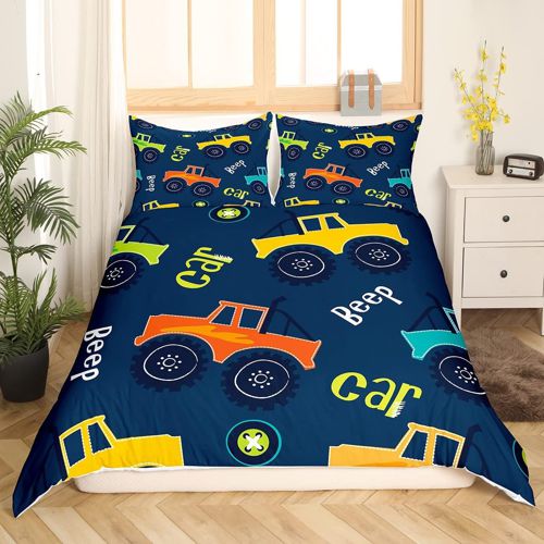 Cartoon Car Bedding Duvet Cover Set Construction Kids Bedding Set Boys Girls Equipment Trucks Decor Comforter Cover Set Microfiber Cartoon Car Excavator Tractor Bedspread Cover Bedroom Bedcl