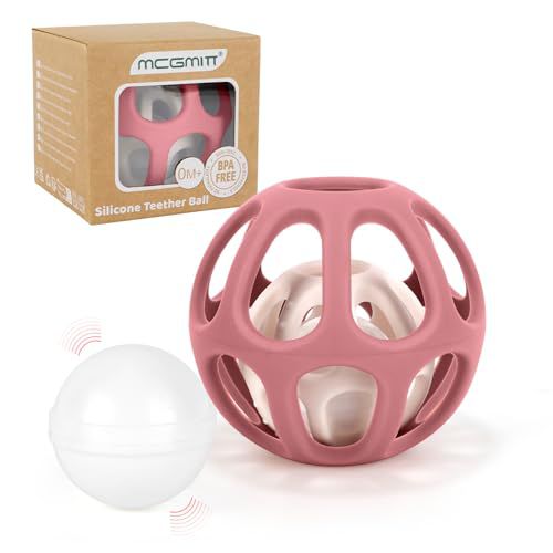 MCGMITT Baby Rattle Teether Toy, Easy Grasp Silicone Sensory Balls, Food Grade Stretchy Infant Toy Baby Ball, Montessori Teething Toy Gift for Infant Boys and Girls 0-6-12 Months Pink Teethe