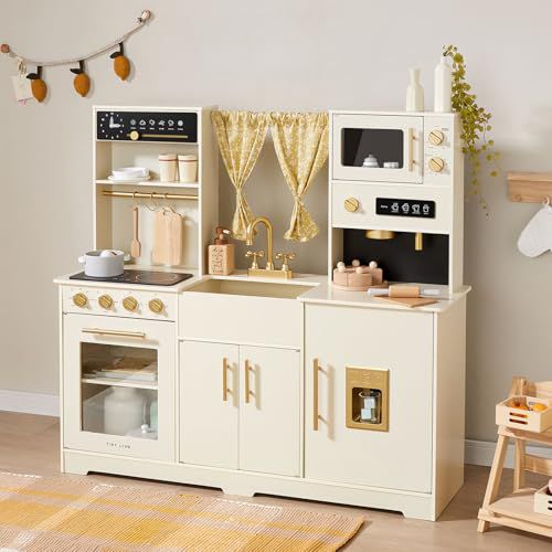Tiny Land Play Kitchen for Kids, Toy Kitchen Set with Plenty of Play Features, New Modern Kids Wooden Play Kitchen Designed in Trendy Home Style with Curtains, Gift for Ages 3+ White Play Ki
