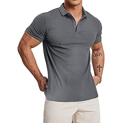 Muscle Cmdr Men's Cotton Muscle Shirts Slim Fit Business Casual Tee Long&Short Sleeve Ribbed Polo V Neck Shirt Small Deep Grey/Short