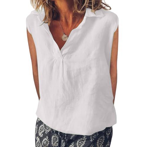 FQFGGYD Women's Comfy Linen Shirts Summer Lapel Blouses Tank Tops Loose Sleeveless V-Neck T-Shirts Business Casual Outfits White