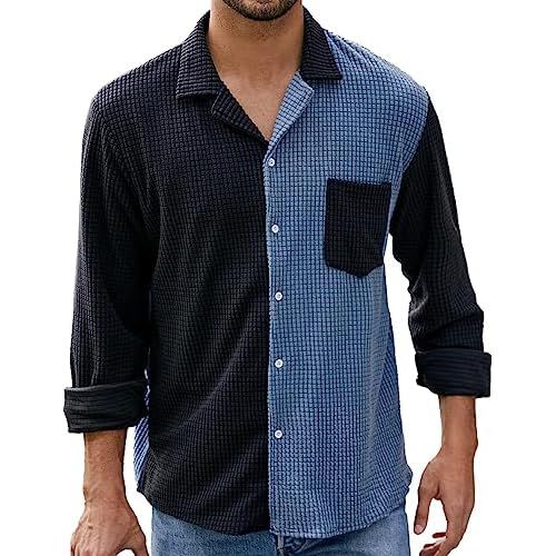 PAODIKUAI Men's Retro Short Sleeve Corduroy Shirt Casual Button Down Shirts Patch-black Blue (Long Sleeve) Small