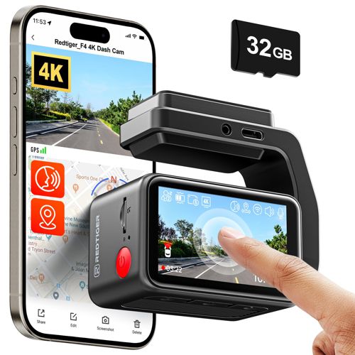 REDTIGER F4 4K Dash Cam Front, 2.2 inch Mini Car Camera, 2160P UHD Touch Screen, Voice Control, Included 32GB Card, Night Vision, Built-in GPS, WiFi APP Control, Loop Recording, 24H Parking 
