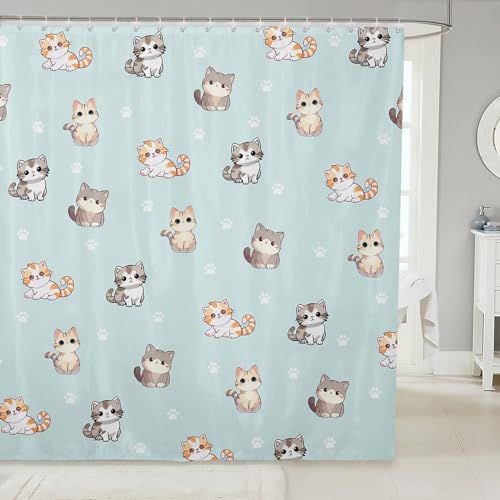 Feelyou Cartoon Cat Shower Curtain for Kids Kawaii Cats Print Bathroom Shower Curtain Set Cute Kitten Animalative Bath Curtain Cat Lover's Gift Green Kids Bathroom Accessories 72"x84"