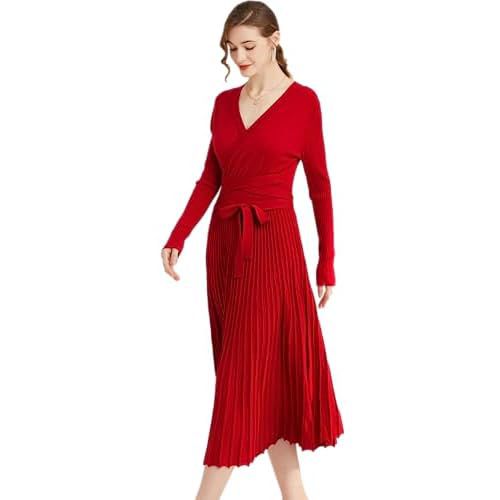 RanRui Womens Winter Fall Pleated Knitted Fit and Flare Long Sleeve Sweater Dress 6-8 B-red