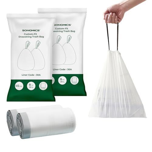 SONGMICS Trash Bags for 8-Gallon (30L) Trash Cans, 90 Count Drawstring Kitchen Garbage Bags, Pre-Separated, Liner Code 30A, 2 Rolls, White UKRB30A02 45 Count (Pack of 2) Bagged