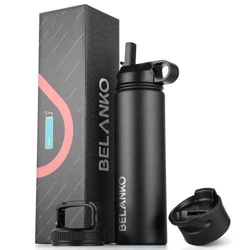 Water Bottle, BELANKO 24 Oz Insulated Stainless Steel Water Bottle with Straw and 3 Lids, Leak-Proof Double-Wall Vacuum for Cold Water Drinks, Sports, Travel, School, and Car - Jet Black Jet