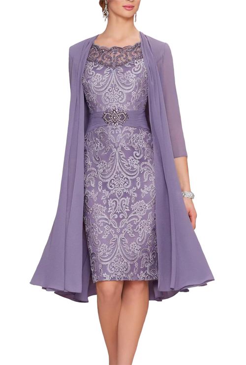 Gorgeous 2 Pieces Beaded Mother of The Bride Dresses with Jacket 3/4 Sleeve Lace Chiffon Evening Formal Gown Mauve 16