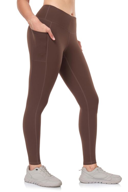 IBL Womens Buttery Soft Leggings with Pockets, High Waisted Compression Workout Lounging Yoga Pants 27" with Pockets Medium Java Brown