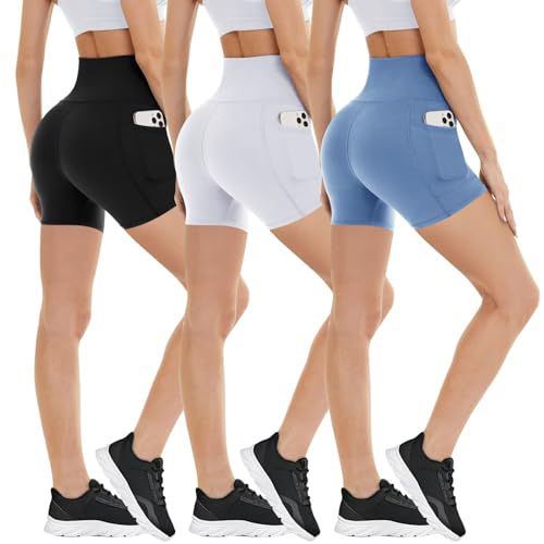 3 Pack Biker Shorts with Pockets for Women – 8"/5" High Waisted Tummy Control Workout Spandex Shorts for Gym Yoga 5 IN Large-X-Large Black/White/Pale Blue