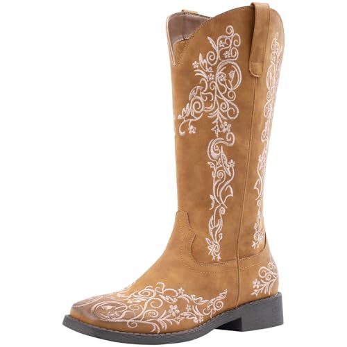 SheSole Women's Square Toe Cowboy Boots Floral Embroidered Cowgirl Western Boots Wide Calf 7 Tan