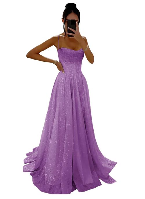 Sparkly Sequin Tulle Prom Dresses for Women with Slit Cowl Neck Corset Formal Evening Gown with Pockets Lilac 24 Plus