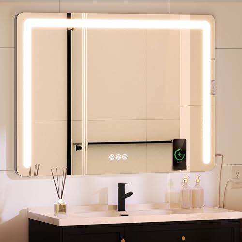 YITAHOME 32 x 24 LED Bathroom Mirror with Lights, Lighted Wall Mirror Bathroom Vanity Mirror with Bluetooth Speaker, Wireless Charger, USB & Type-C Charging Port, Dimmable, Memory Function L