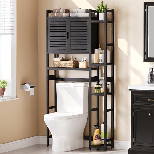 YITAHOME Over The Toilet Storage Bamboo Over-The-Toilet Cabinet with Shelf for Bathroom Storage, Space Saver for Restroom, Laundry, Black Black Modern