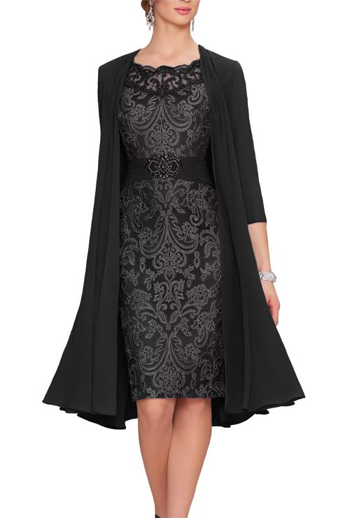 Gorgeous 2 Pieces Beaded Mother of The Bride Dresses with Jacket 3/4 Sleeve Lace Chiffon Evening Formal Gown Black 0