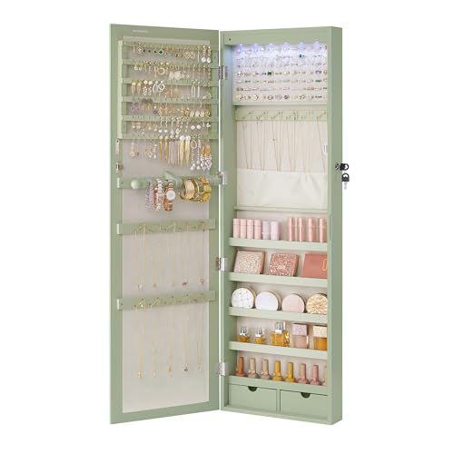 SONGMICS 6 LEDs Mirror Jewelry Cabinet, 47.2-Inch Tall Lockable Wall or Door Mounted Jewelry Armoire Organizer with Mirror, 2 Drawers, 3.9 x 14.6 x 47.2 Inches, Black UJJC093B01