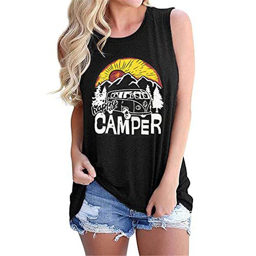 Fuyxxmer Women Happy Camper Tank Tops Vintage Sunrise Graphic Blouse Vest Summer Sleeveless Loose Tees Shirt for Women Black XX-Large