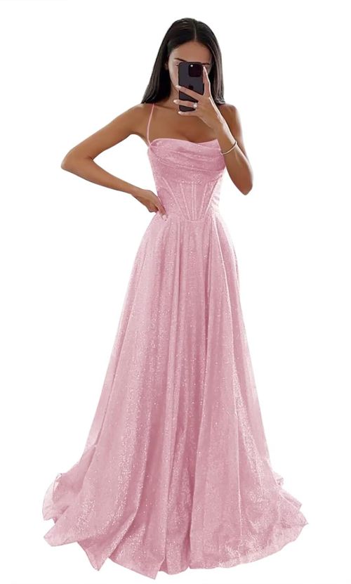 Sparkly Sequin Tulle Prom Dresses for Women with Slit Cowl Neck Corset Formal Evening Gown with Pockets Blush Pink 24 Plus