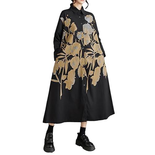 Women's Shirt Dress Lapel Collar Button Down Long Sleeve Below Knee Loose Oversize GZ291 Floral Black Small-X-Large