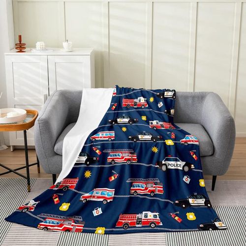 Feelyou Fire Truck Car All Season,Bed Blanket Firefighter Plush Throw Blanket, Police Car Flannel Fleece Blanket for Sofa Couch Kids Room Decor Lightweight Ambulance Firemen Car Vehicle Quee