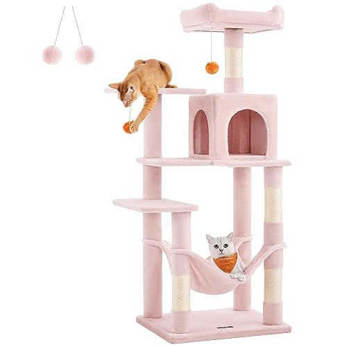 Feandrea Cat Tree, 56.3-Inch Cat Tower for Indoor Cats, Multi-Level Cat Condo with 4 Scratching Posts, 2 Perches, Hammock, Cave, Jelly Pink UPCT161P01