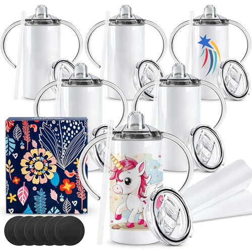 Joyclub 6 Pack Sublimation Sippy Cups Toddler Tumbler Blanks 12 oz Kids Sublimation Tumbler with Handle Stainless Steel Insulated Skinny Straight with Splash-proof Lid and Straw