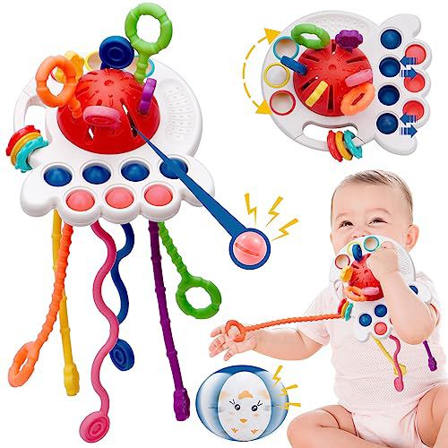 Montessori toys for babies 6-12 months Baby Silicon Sensory Travel Pull String Teething Toys for 3-6 Months 1 Year Old Hang on Stroller Crib Car Seat Roly Poly Baby Toy Fidget Gift for Infan