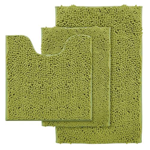 Lime Green Bathroom Rug Set - Extra Soft 3 Piece Anti-Slip Bath Mats, Plush Chenille Shaggy Mat for Living Room, Bedroom, Floor - Water Absorbent Soft Rug