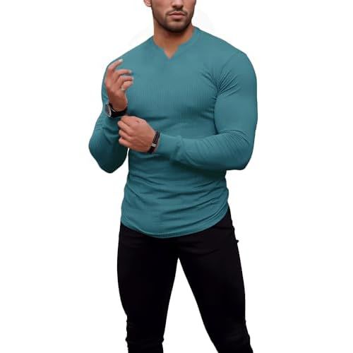 Men's Muscle Stretch Shirts Long&Short Sleeve V Neck Slim Fit Stylish T-Shirts Casual Thermal Underwear X-Small 02long-blue