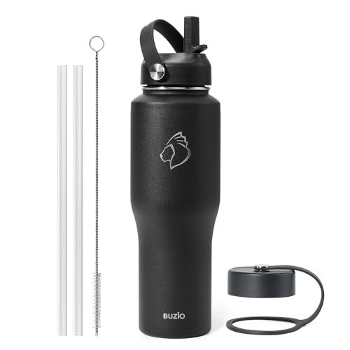 BUZIO Insulated Water Bottle Fits in Cupholder, Stainless Steel Tumbler with Straw Lid 32oz, Leak-proof BPA-Free Insulated Water Flask for Travel, Keeps Cold for 48H, Hot for 24H, Black Blac
