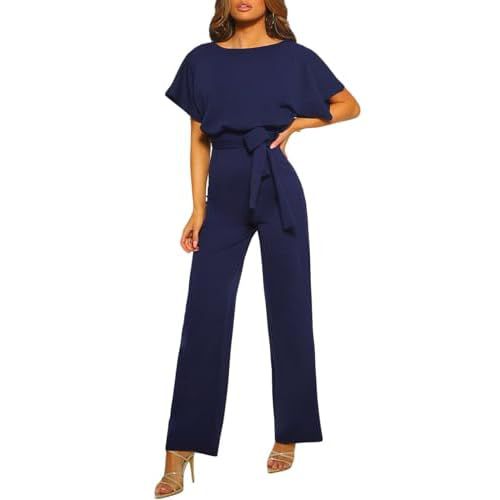 Women's solid color jumpsuit suit, summer solid color loose waist and slim wide-leg jumpsuit Dark Blue X-Large