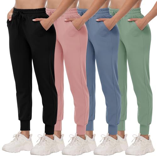 CAMPSNAIL 4 Pack Joggers for Women - Sweatpants with Pockets Lightweight Comfy Yoga Pants for Workout Travel Lounge 5#black/Morandi Pink/Morandi Blue/Mint Green Medium