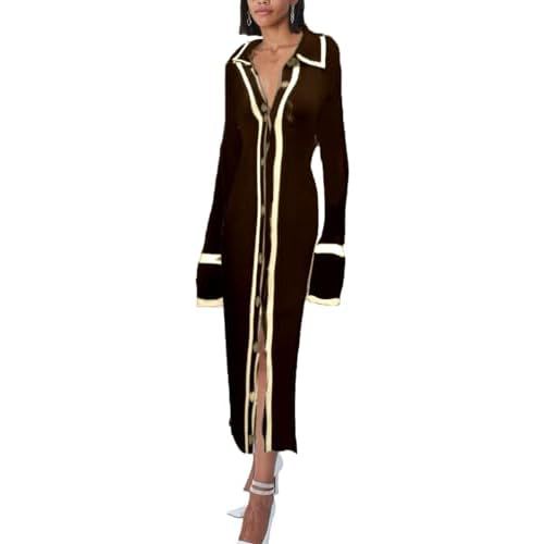 RanRui Women Long Sleeve Knit Dress Stripe Botton Down Knitted Dress Cardigan Sweater Dresses Ribbed Knit Bodycon Maxi Dress Medium C-coffee