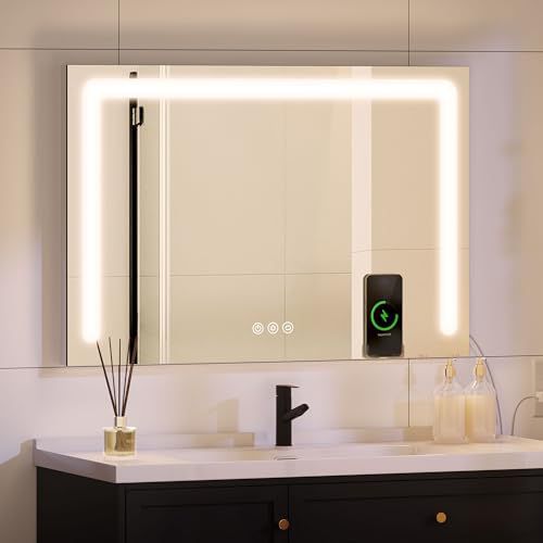 YITAHOME 23 x 18 LED Bathroom Mirror with Lights, Lighted Wall Mirror Bathroom Vanity Mirror with Bluetooth Speaker, Wireless Charger, USB & Type-C Charging Port, Dimmable, Memory Function L