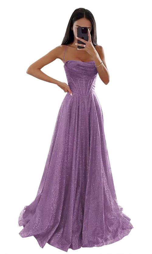 Sparkly Sequin Tulle Prom Dresses for Women with Slit Cowl Neck Corset Formal Evening Gown with Pockets Wisteria 22 Plus