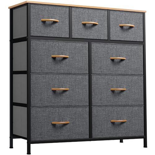 YITAHOME Dresser for Bedroom with 9 Drawers, Fabric Storage Dresser, Closet & Chest of Drawers for Living Room, Closets - Sturdy Steel Frame, Wooden Top & Easy Pull Fabric Bins(Dark Grey) A-