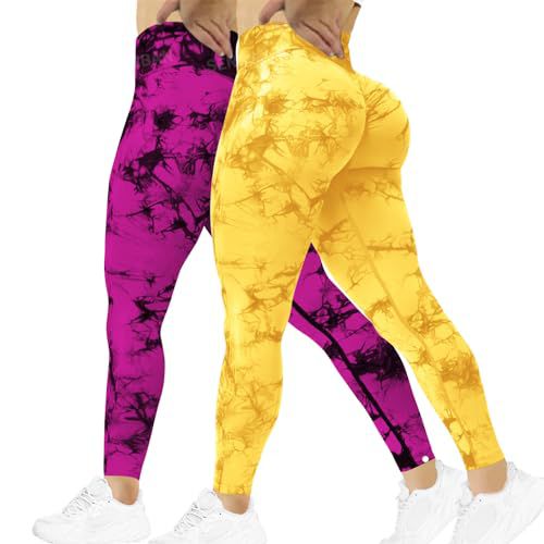 SENBAN Women Scrunch Workout Leggings: Butt Lifting High Waisted Yoga Pants - Tie Dye Seamless Booty Gym Leggings 2 Pack Rose Yellow Medium