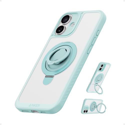 Anker Magnetic Ring Stand for iPhone 16 Case, Silicone Finger Ring Grip Stand Holder, Military Grade Drop Tested, Compatible with MagSafe, Built in Kickstand, Soft Edge Anti-Fingerprint, Gre