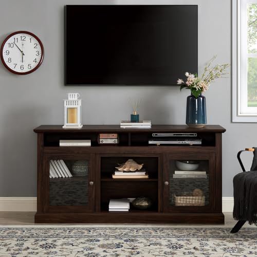 Wood Farmhouse TV Stand: Versatile Media Console for TVs up to 65" - Classic Brown Tall Entertainment Center with Adjustable Shelves and Storage Cabinet for Living Room TV Stand Brown