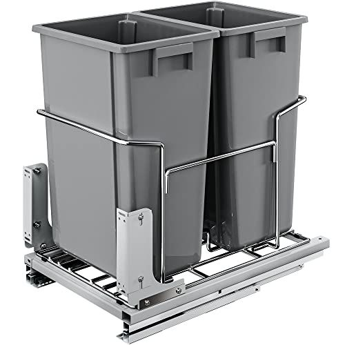 YITAHOME Double 37 QT(Large) Pull-Out Trash Cans with Soft-Close Slides for Kitchen Cabinets, Under Mount Slide Out Trash Garbage Bins, Gray Double Bins Gray 37Qt*2